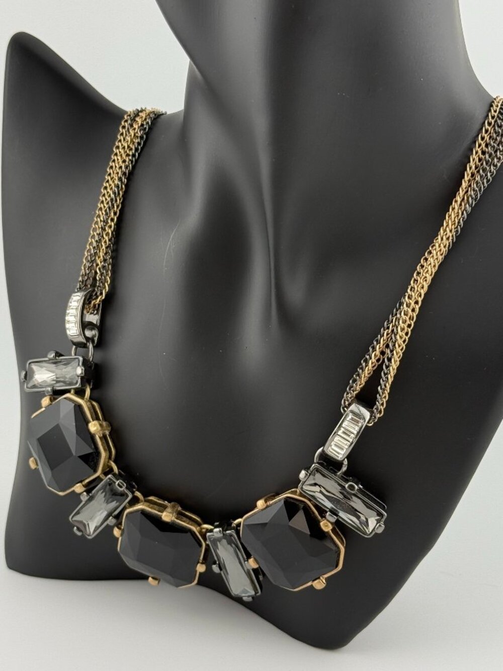 Kenneth Cole Black Faceted Statement Necklace Multi Strand Gold Gunmetal